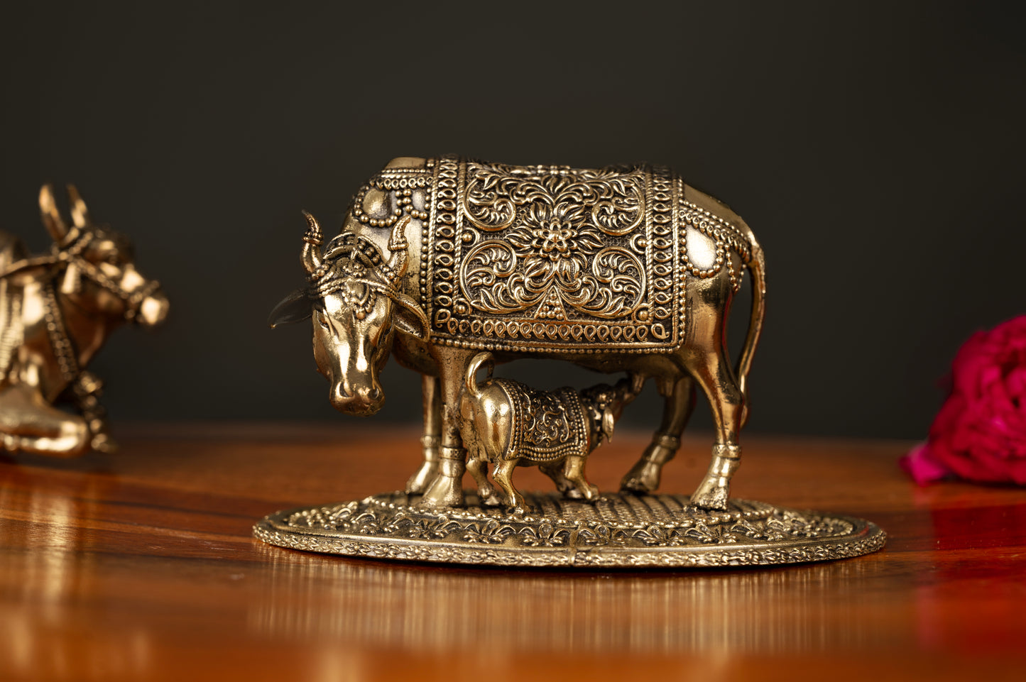 Handcrafted Brass Kamdhenu Cow and Calf Idol – Symbol of Prosperity and Abundance- 3 inches height length 4.5 inch