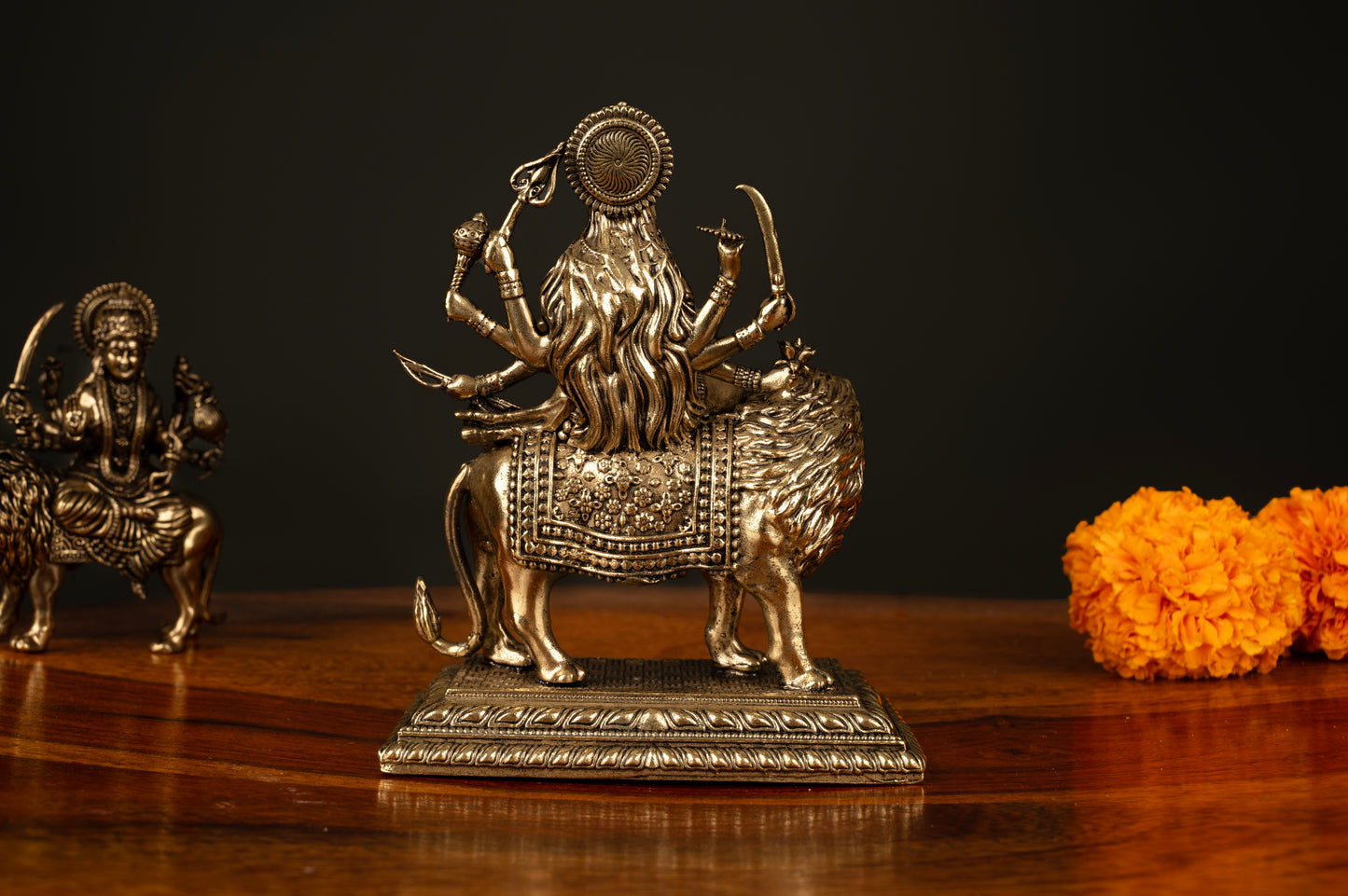 Handcrafted Brass Durga Idol on Lion on platform – 11 cm, 260 gm | Divine Home Temple Decor