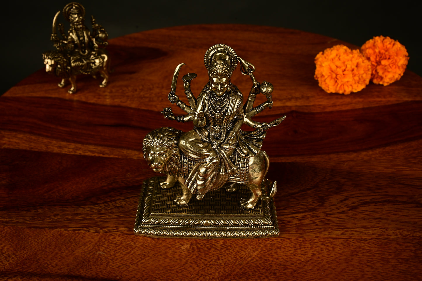 Handcrafted Brass Durga Idol on Lion on platform – 11 cm, 260 gm | Divine Home Temple Decor