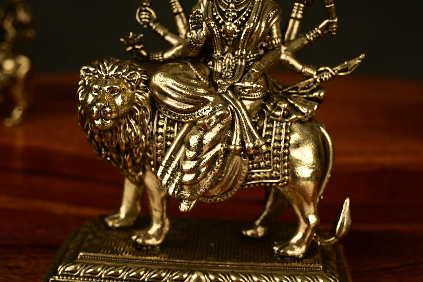 Handcrafted Brass Durga Idol on Lion on platform – 11 cm, 260 gm | Divine Home Temple Decor
