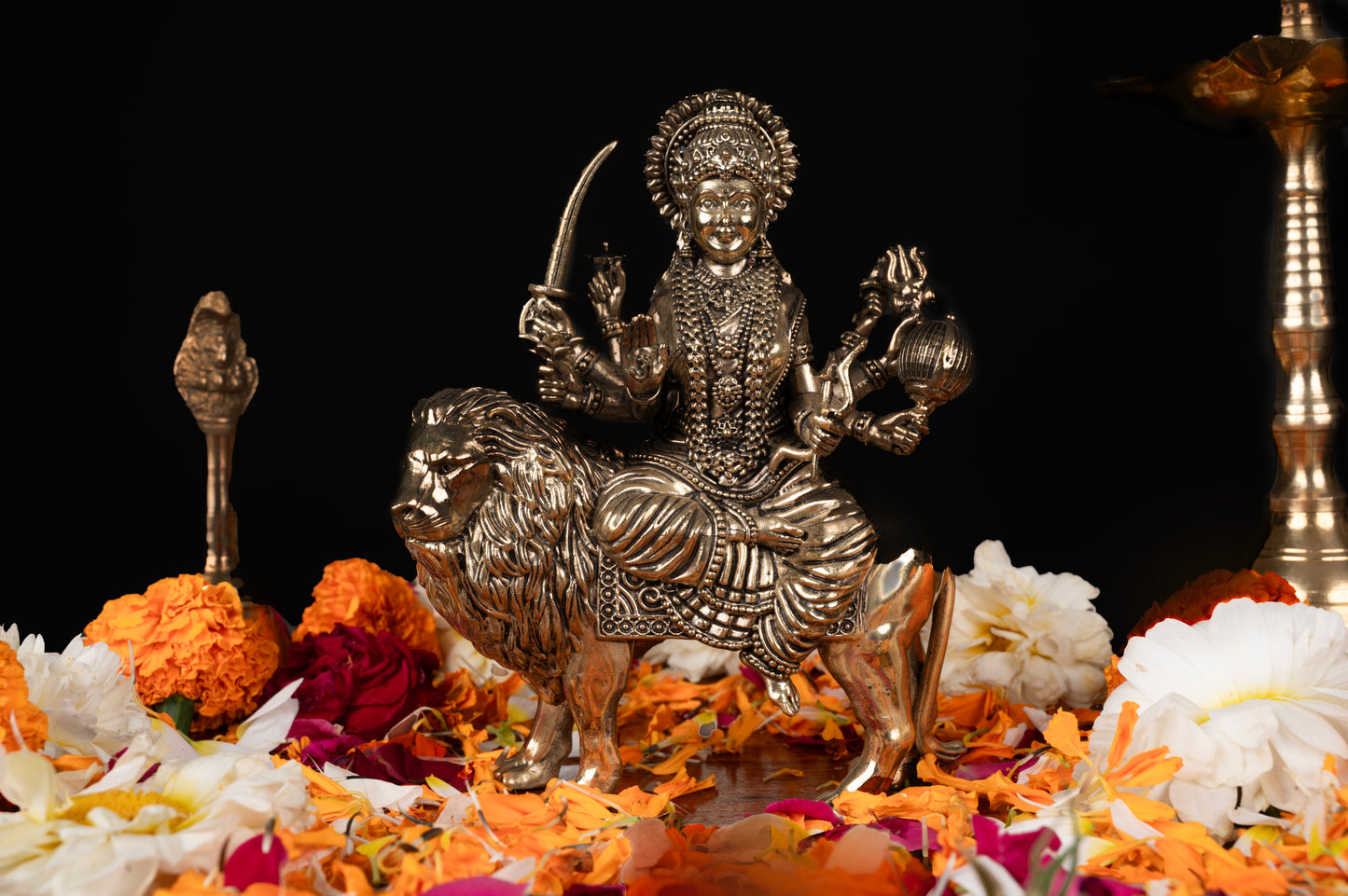 Handcrafted Brass Durga Idol on Lion – 14 cm, 479 gm | Divine Home Temple Decor