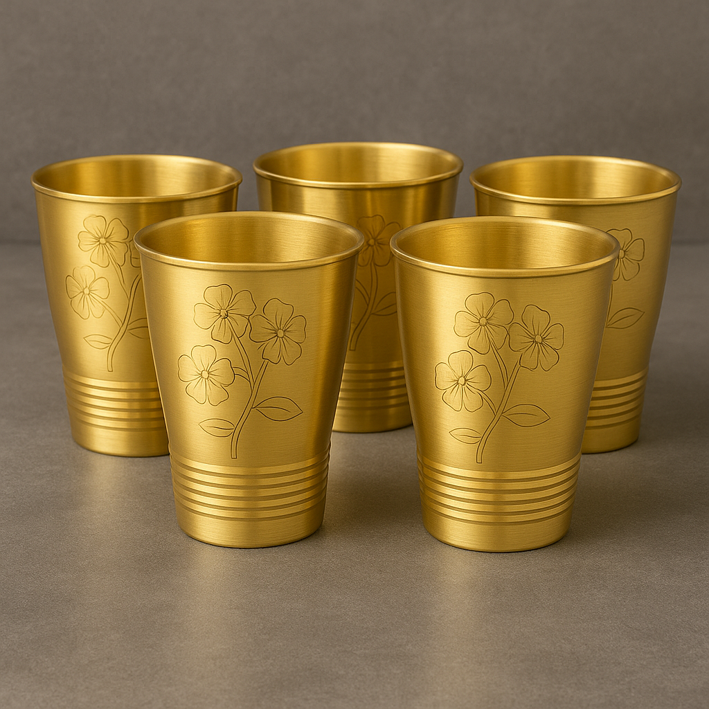 Handcrafted Brass Tumbler Set (Set of 5) – Floral Engraved | Mystikala