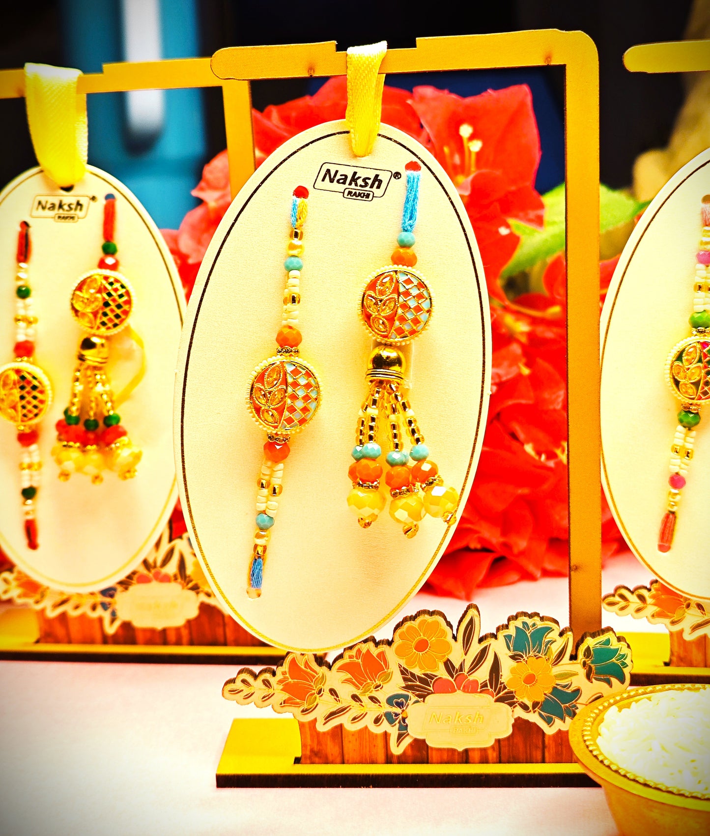 Bhai Bhabhi Rakhi Set – Traditional Designer Rakhi Pair (Red-Green and Orange-Blue Variants)