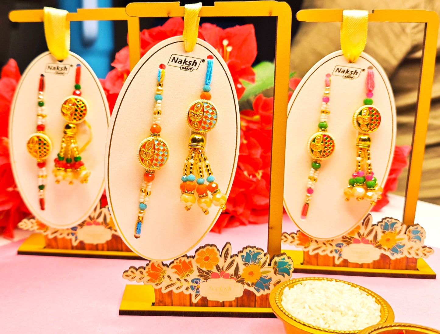 Bhai Bhabhi Rakhi Set – Traditional Designer Rakhi Pair (Red-Green and Orange-Blue Variants)