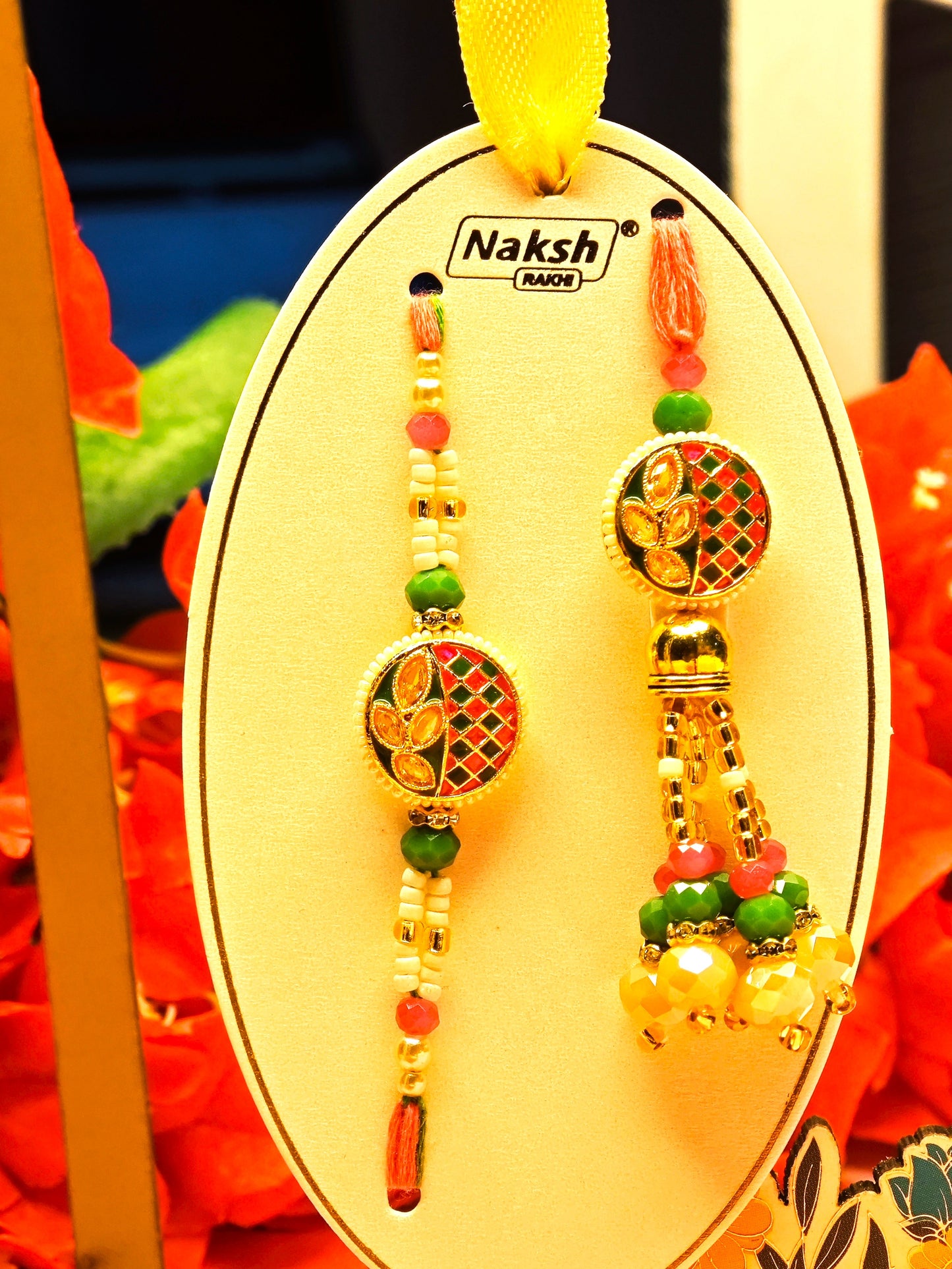 Bhai Bhabhi Rakhi Set – Traditional Designer Rakhi Pair (Red-Green and Orange-Blue Variants)