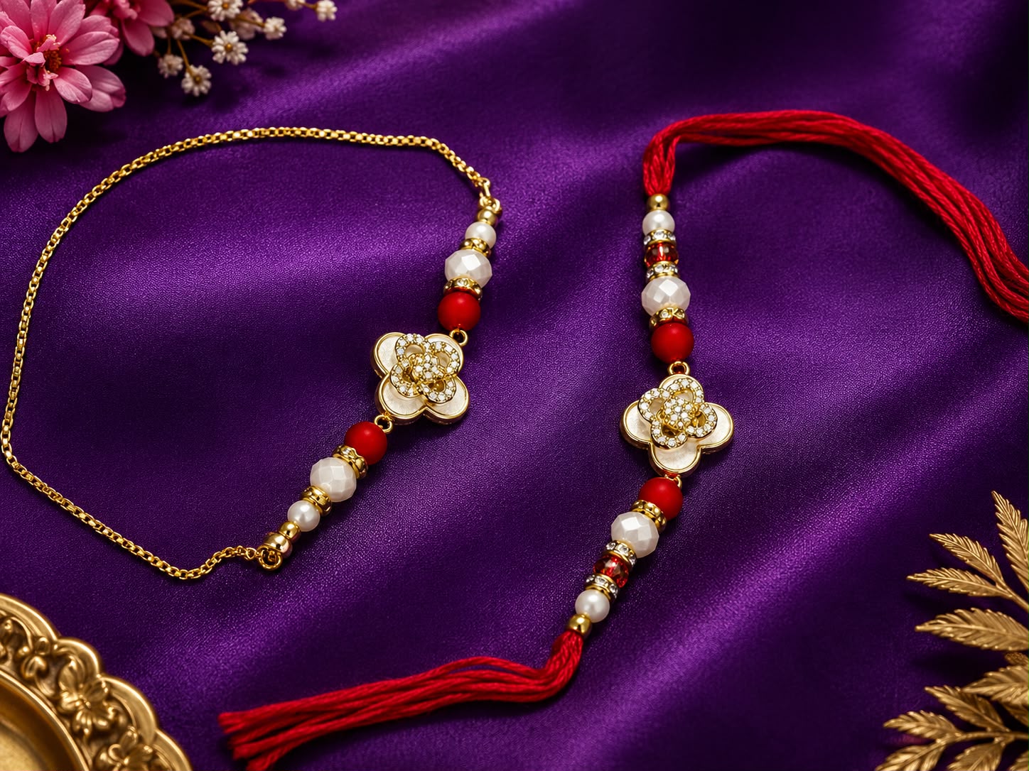 AD Four Petal Flower Shaped Spinning Bhai - Bhabhi Rakhi Set