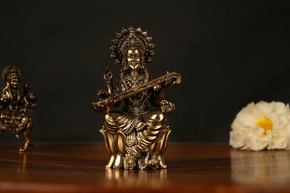 Handcrafted Brass Saraswati Idol – Goddess of Knowledge and Arts (4.5 x 2.5 Inches)