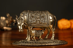 Handcrafted Brass Kamdhenu Cow and Calf Idol – Symbol of Prosperity and Abundance- 3 inches height length 4.5 inch