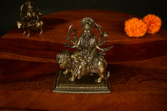 Handcrafted Brass Durga Idol on Lion on platform – 11 cm, 260 gm | Divine Home Temple Decor