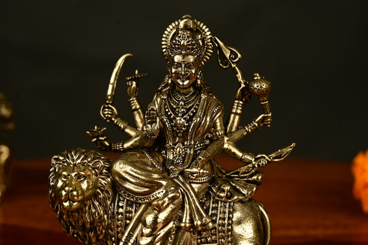 Handcrafted Brass Durga Idol on Lion on platform – 11 cm, 260 gm | Divine Home Temple Decor