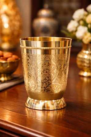 Premium Brass Glass with Floral Carving | Indian Traditional Glass