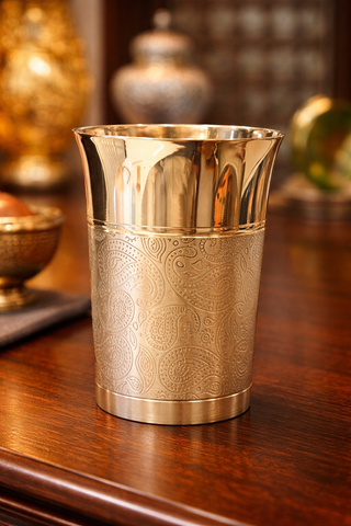 Premium Brass Glass with Engraved Design | Traditional Drinking Tumbler |