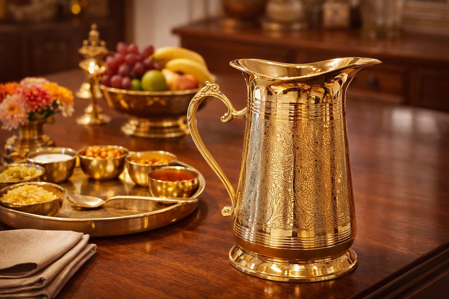 Premium Brass Water Jug (850g) | Handcrafted Engraved Pitcher | Traditional Serving Jug for Dining & Gifting