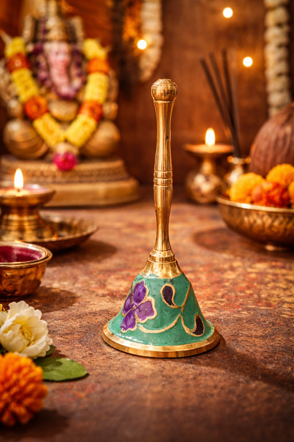 Decorative Brass Pooja Bell (Ghanti) | Hand-Painted Temple Bell | Designer Aarti Bell