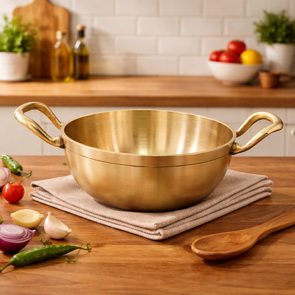 Pure Brass Kadhai for Cooking & Serving | Traditional Indian Utensil