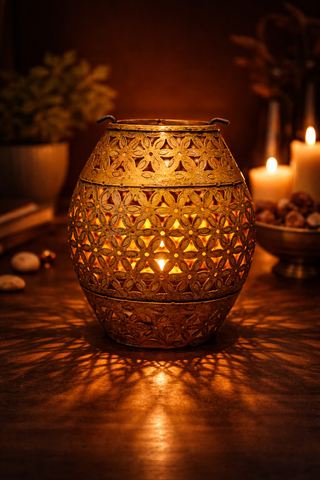 Luxury Metal Candle Lantern with Intricate Cutwork | Decorative Tea Light Holder | Festive Home Décor - 16cm