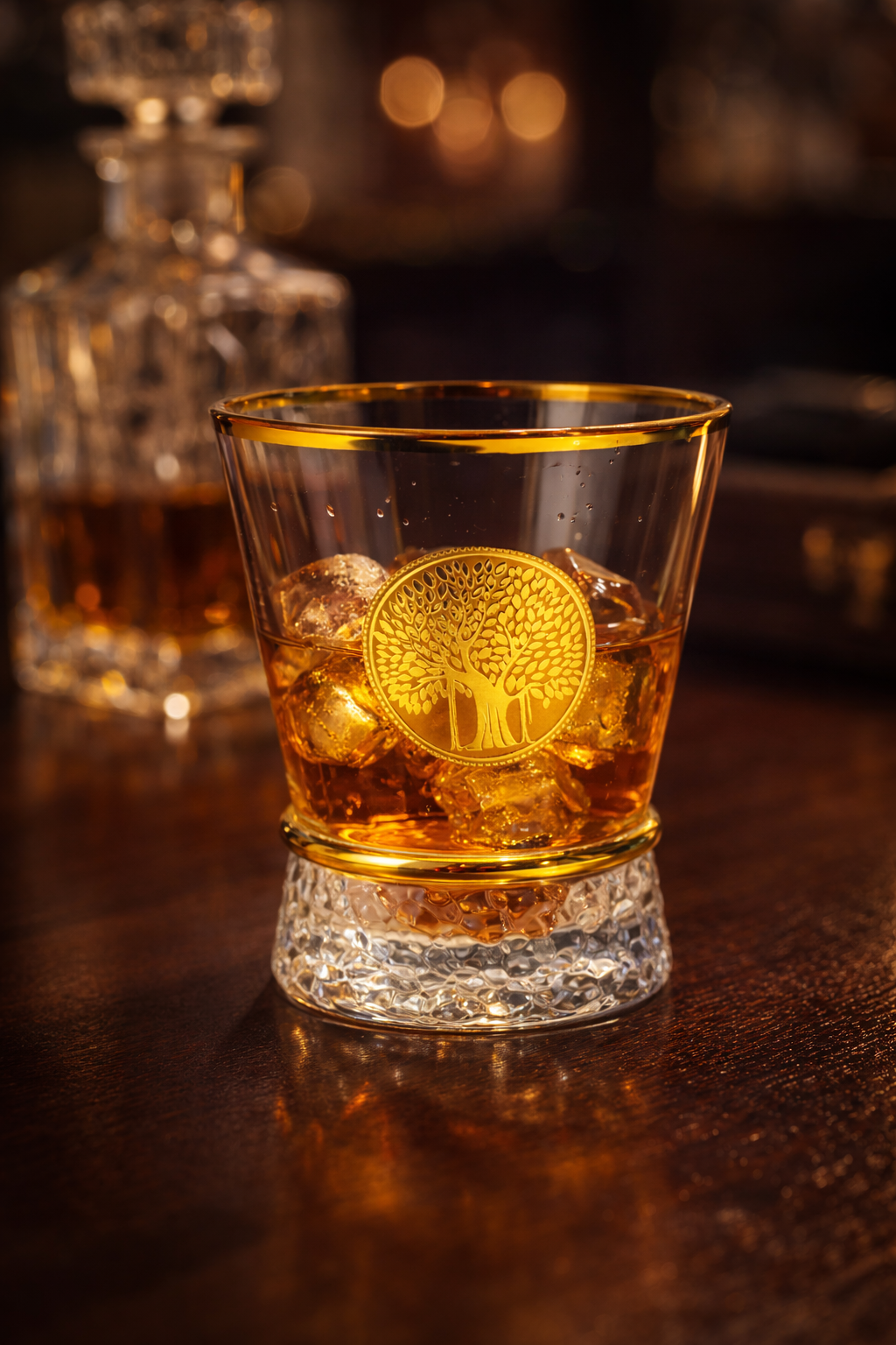 Luxury Glass Tumbler with Gold Rim & Tree of Life Design | Premium Drinkware & Gifting Glass - 255 mL (Set of 6)
