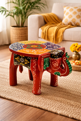 Handcrafted Wooden Elephant Stool | Rajasthani Hand Painted Decorative Stool | Ethnic Home Decor & Gift