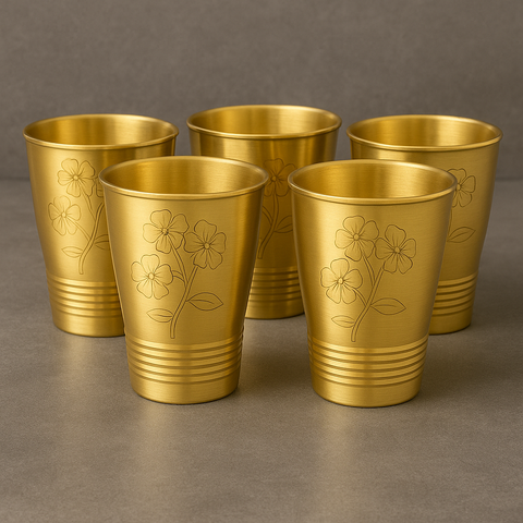 Handcrafted Brass Tumbler Set (Set of 5) – Floral Engraved | Mystikala