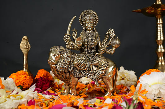 Handcrafted Brass Durga Idol on Lion – 14 cm, 479 gm | Divine Home Temple Decor