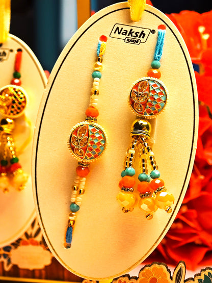 Bhai Bhabhi Rakhi Set – Traditional Designer Rakhi Pair (Red-Green and Orange-Blue Variants)