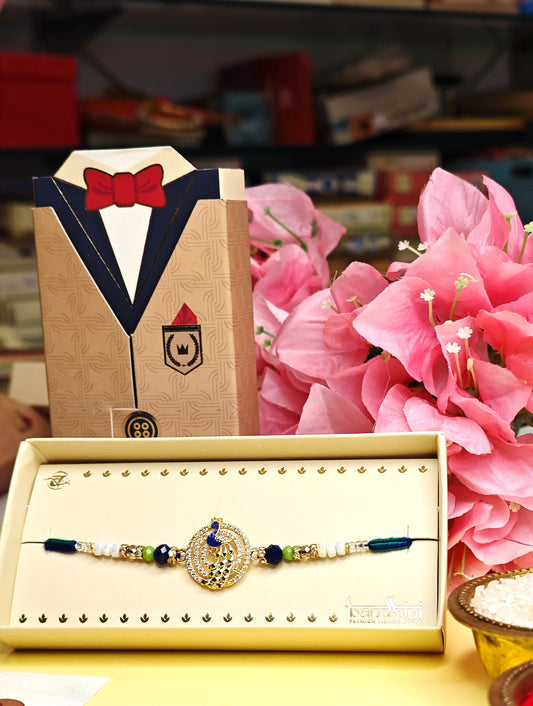 Designer Peacock Rakhi – High Quality with Semi-Precious Stones
