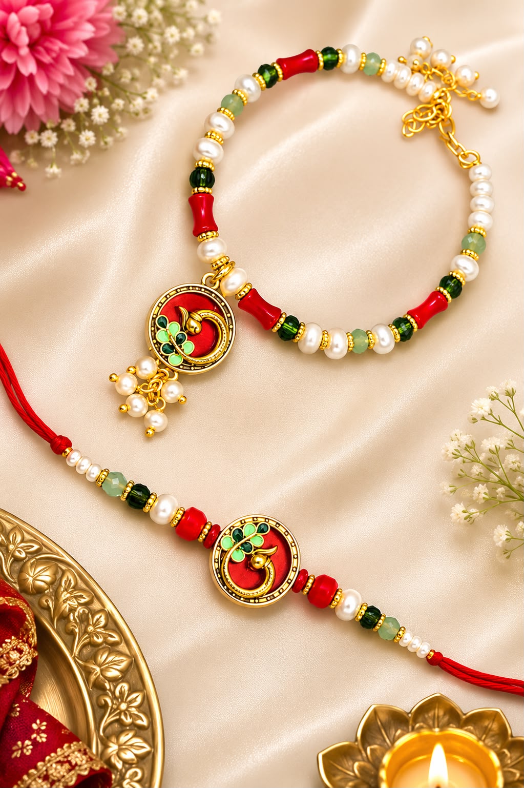 Scared Red Moti Peacock Bhai Bhabhi Rakhi Set