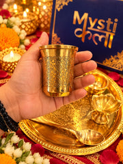 Royal Brass Pooja Thali Set with 1 Diya, 1 Glass, 1 Spoon, 2 katori and 1 Bell | Traditional Indian Pooja Thali Gift Set