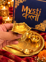 Royal Brass Pooja Thali Set with 1 Diya, 1 Glass, 1 Spoon, 2 katori and 1 Bell | Traditional Indian Pooja Thali Gift Set