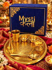 Royal Brass Pooja Thali Set with 1 Diya, 1 Glass, 1 Spoon, 2 katori and 1 Bell | Traditional Indian Pooja Thali Gift Set