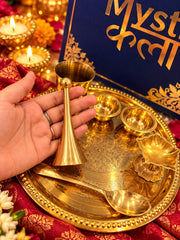 Royal Brass Pooja Thali Set with 1 Diya, 1 Glass, 1 Spoon, 2 katori and 1 Bell | Traditional Indian Pooja Thali Gift Set