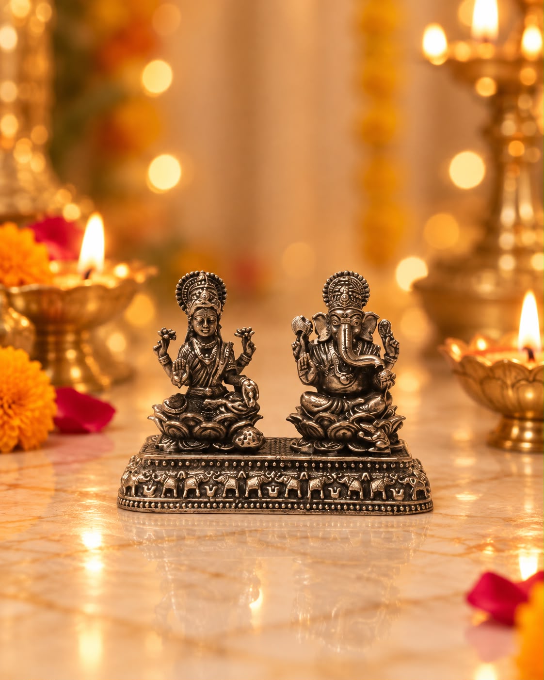 Antique Finish Lakshmi–Ganesha Idol Set with Ornate Elephant Motif Base