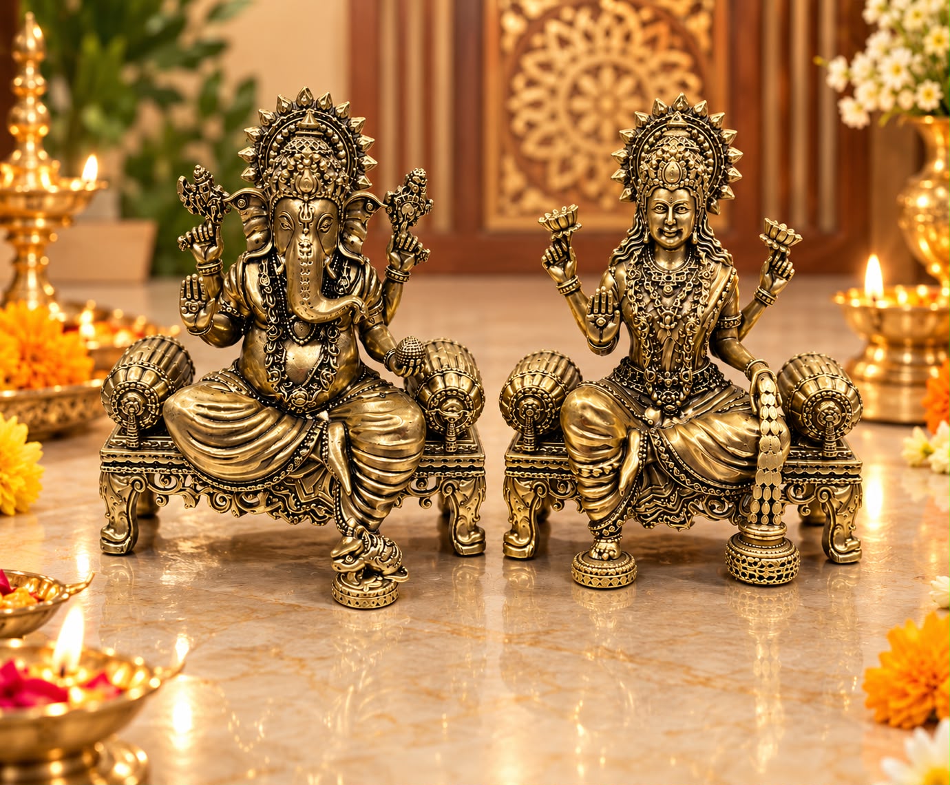 Royal Antique Finish Ganesh Lakshmi Idol Set