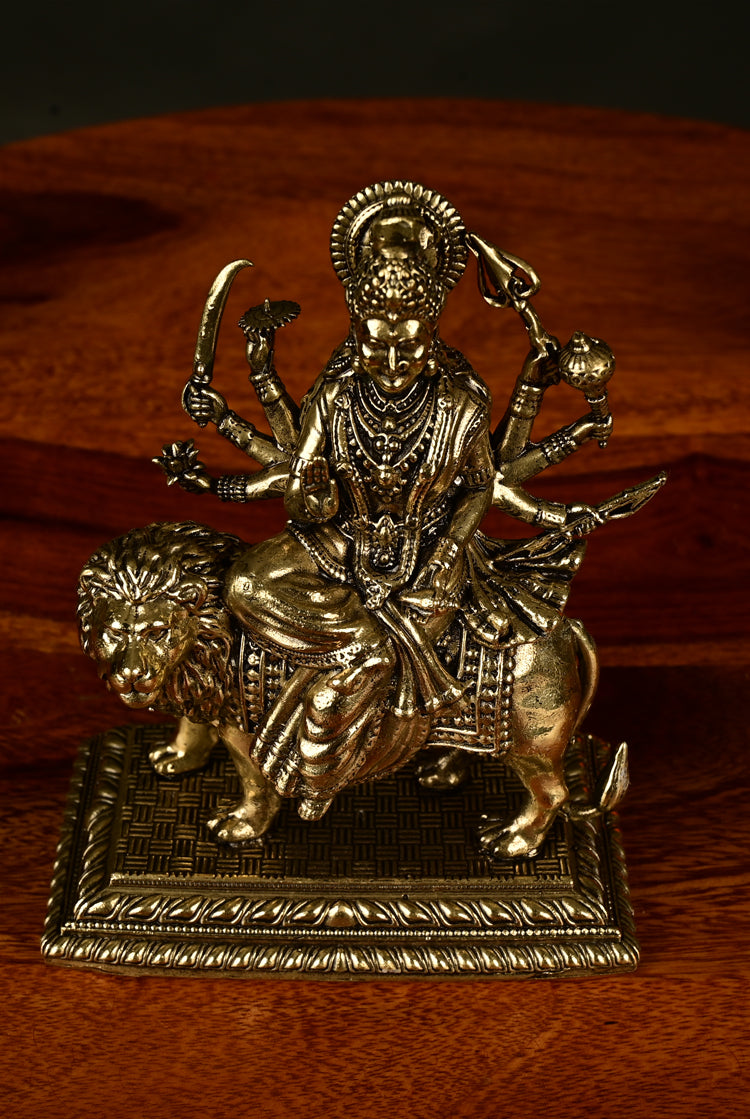 Handcrafted Brass Durga Idol on Lion on platform – 11 cm, 260 gm | Divine Home Temple Decor