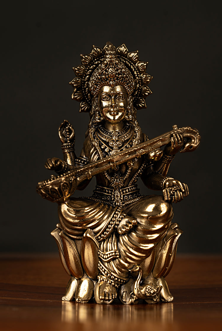 Handcrafted Brass Saraswati Idol – Goddess of Knowledge and Arts (4.5 x 2.5 Inches)