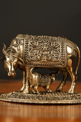Handcrafted Brass Kamdhenu Cow and Calf Idol – Symbol of Prosperity and Abundance- 3 inches height length 4.5 inch