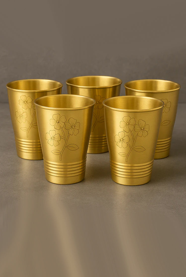 Handcrafted Brass Tumbler Set (Set of 5) – Floral Engraved | Mystikala