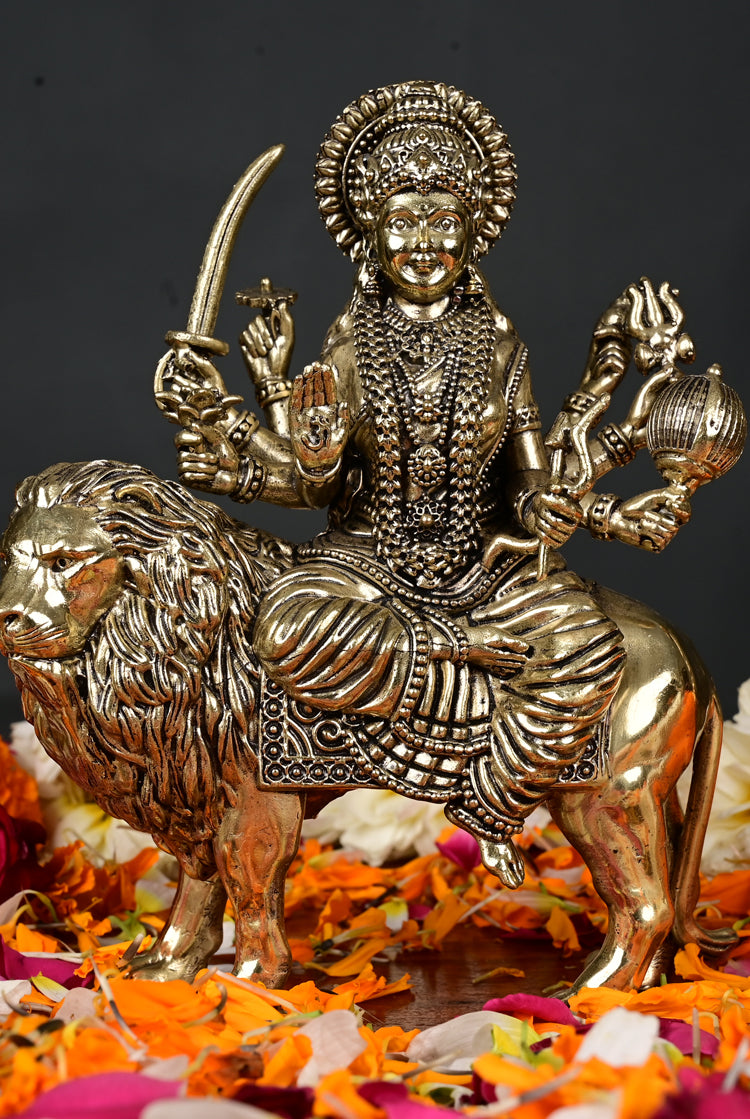 Handcrafted Brass Durga Idol on Lion – 14 cm, 479 gm | Divine Home Temple Decor